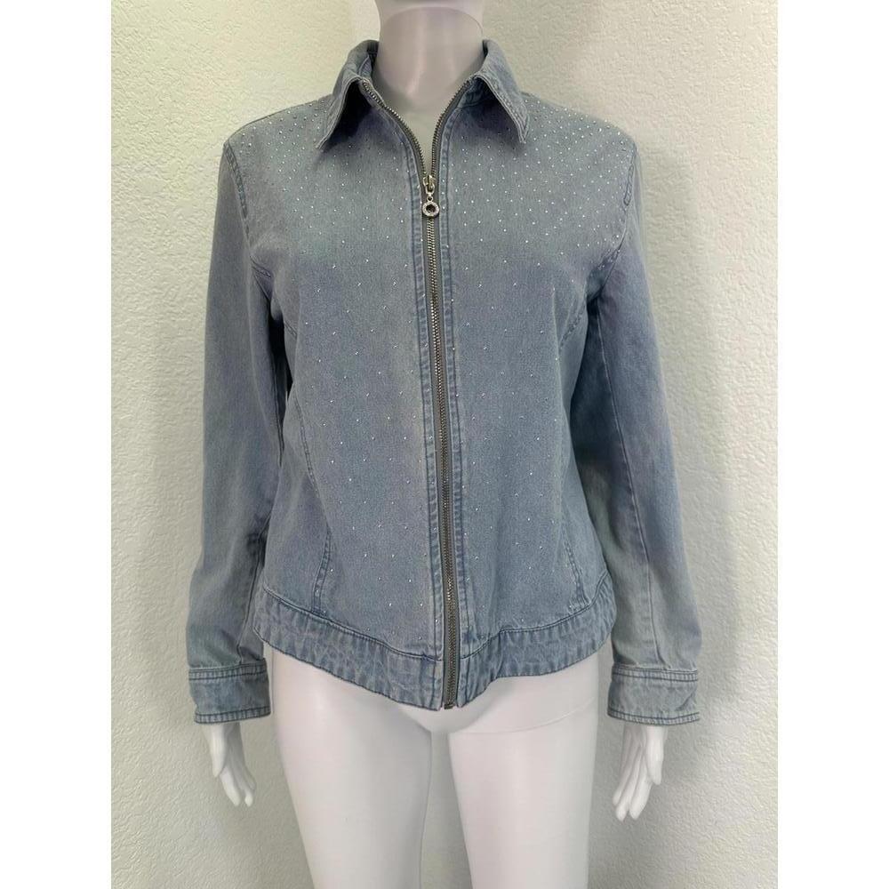 Vtg Sz S Cathy Daniels Denim Zip Jacket Crystal Accents Bling Faded Blue Stretch